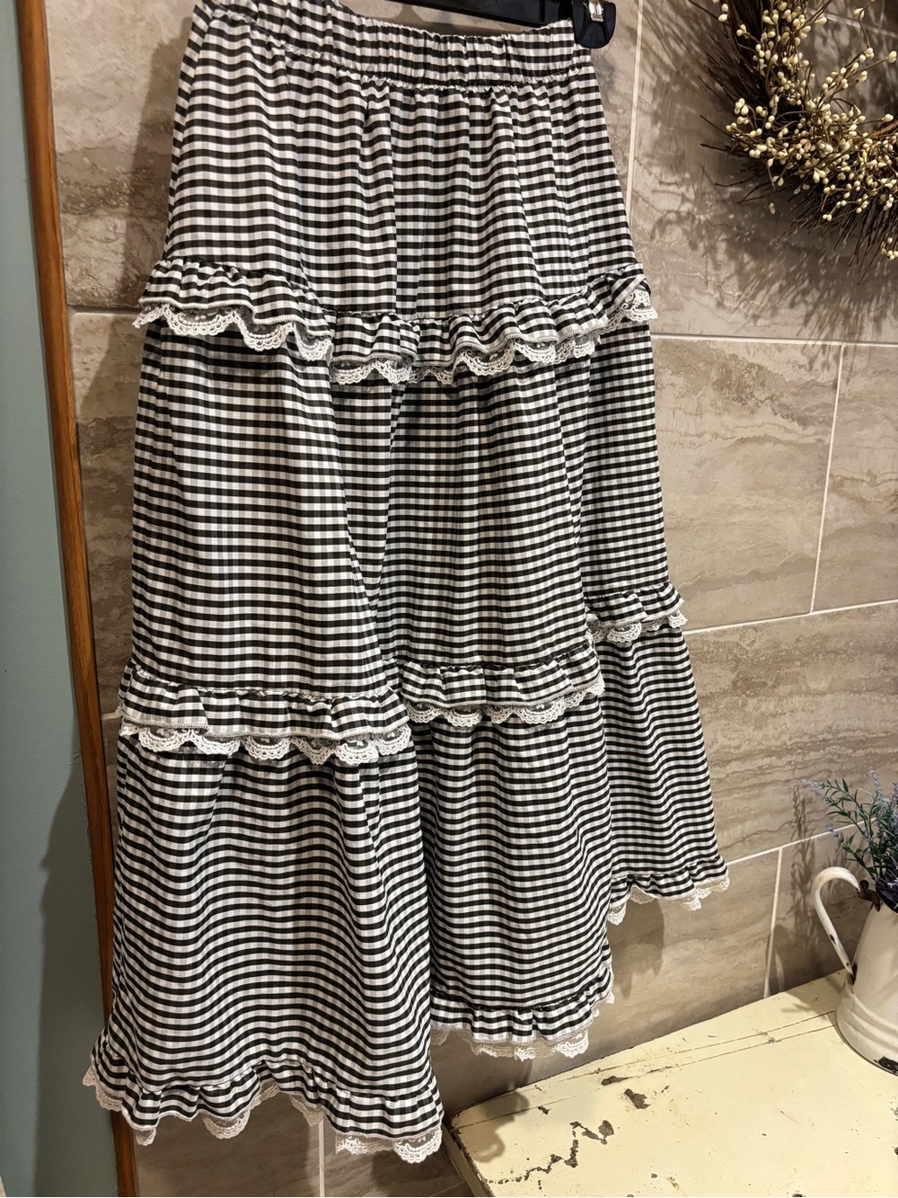 Black & White Gingham Tiered skirt with Lace Trim